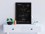 Boeing B737-400 Portrait Blueprint Poster by FlyKit displayed on white table with lamp and plants