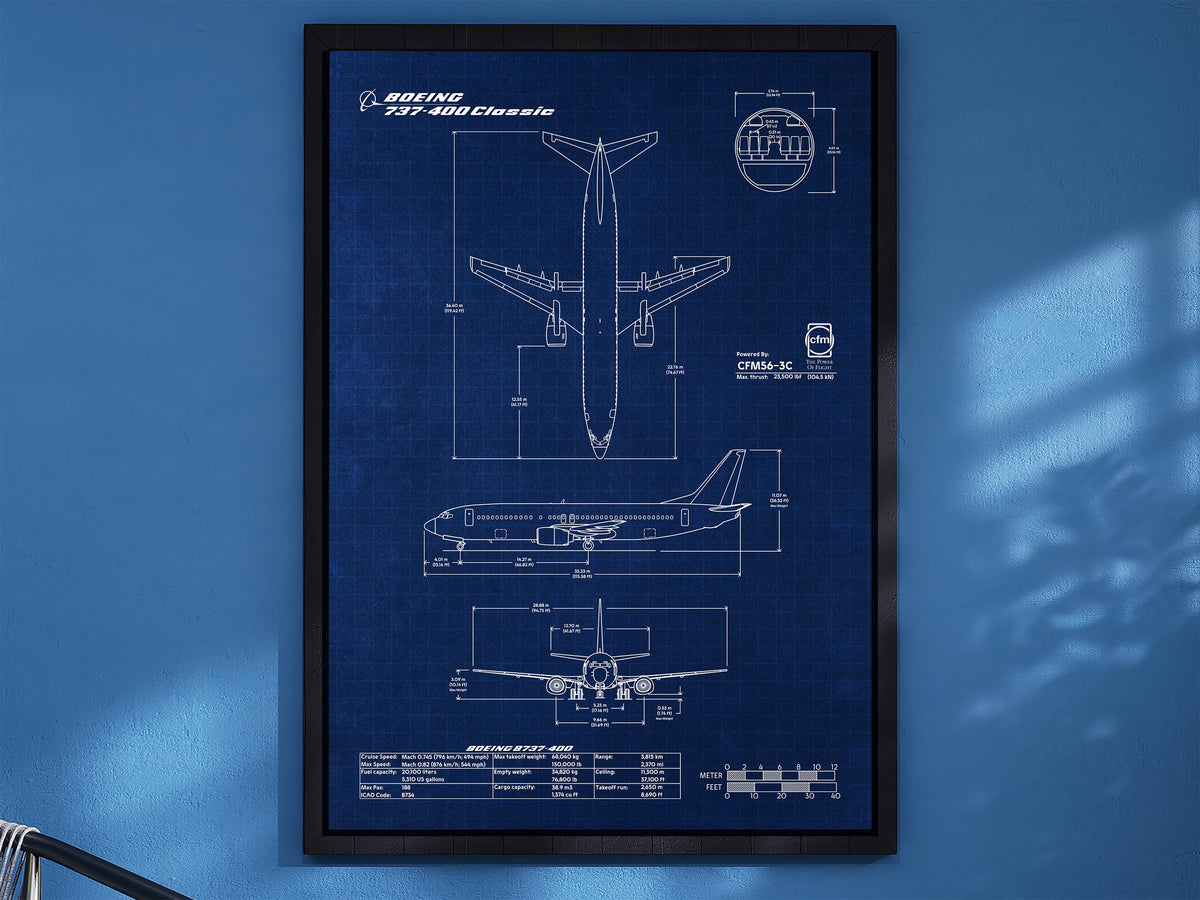 Boeing B737-400 Portrait Blueprint Poster by FlyKit showing detailed technical aircraft diagrams on blue background