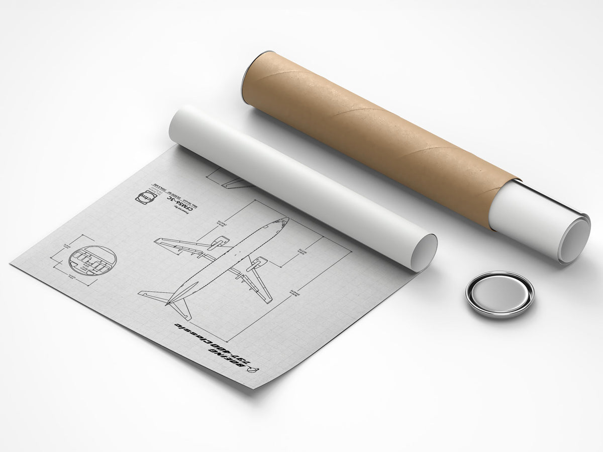 Boeing B737-400 Portrait Blueprint Poster by FlyKit rolled out next to a brown shipping tube on white background