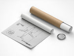 Boeing B737-400 Portrait Blueprint Poster by FlyKit rolled out next to a brown shipping tube on white background