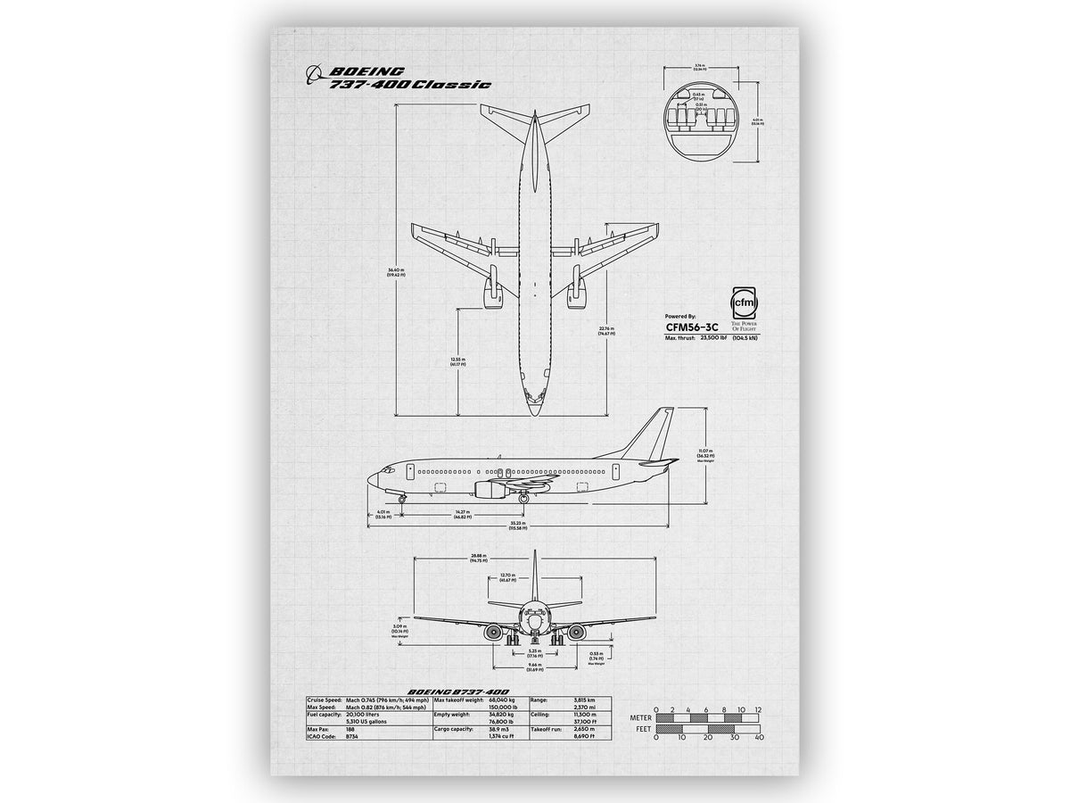 Boeing B737-400 Portrait Blueprint Poster by FlyKit showing detailed aircraft technical drawings and measurements