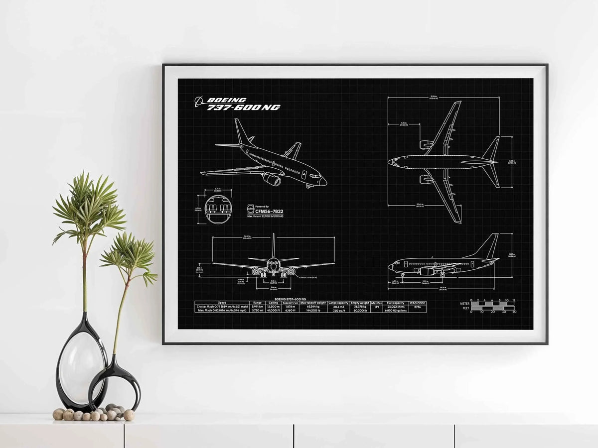 Boeing B737-600 Landscape Blueprint Poster by FlyKit showing detailed aircraft technical drawings in black and white