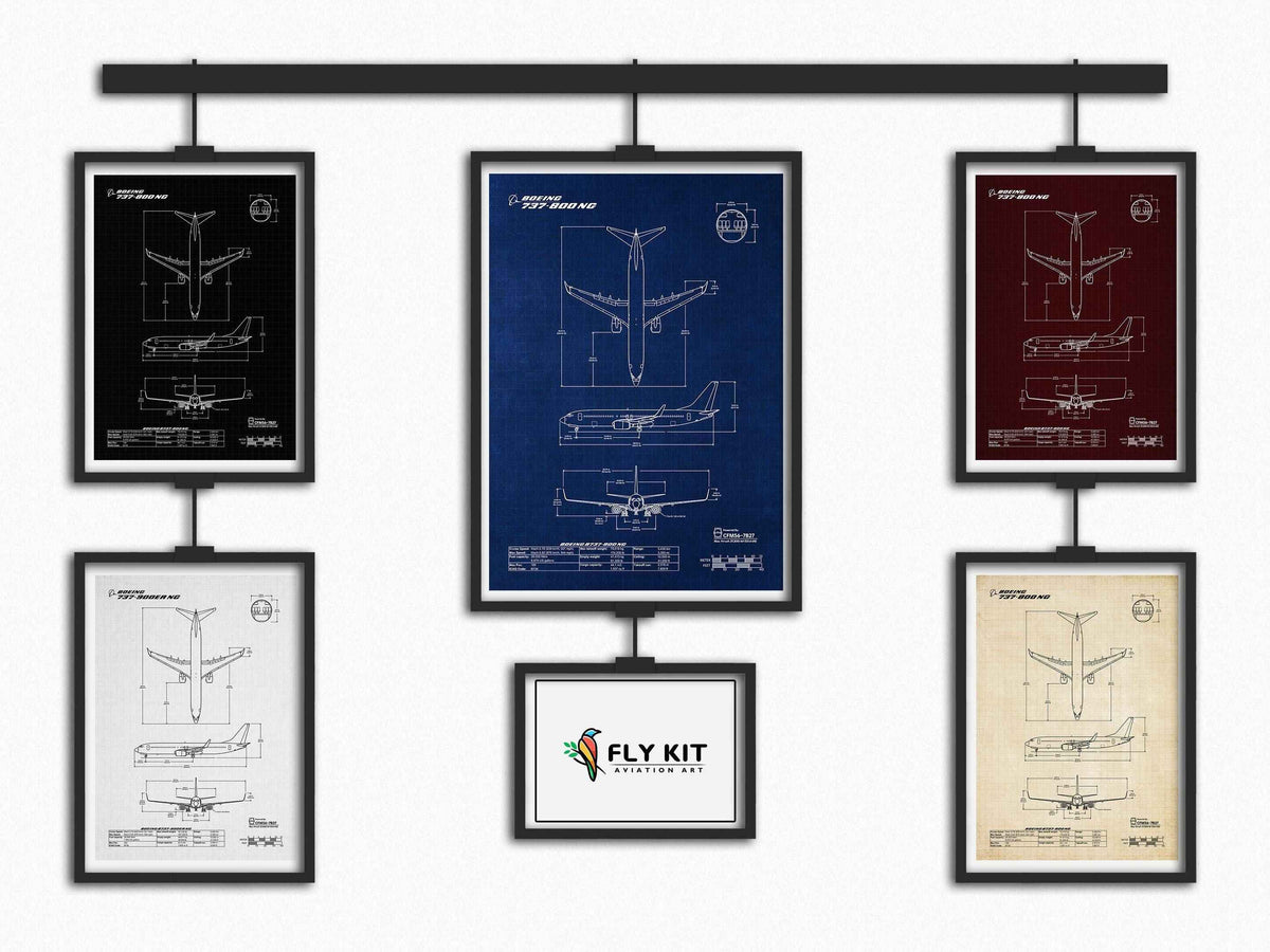 Boeing B737-800 Portrait Blueprint Poster collection by FlyKit showing five detailed aircraft blueprints in various colors