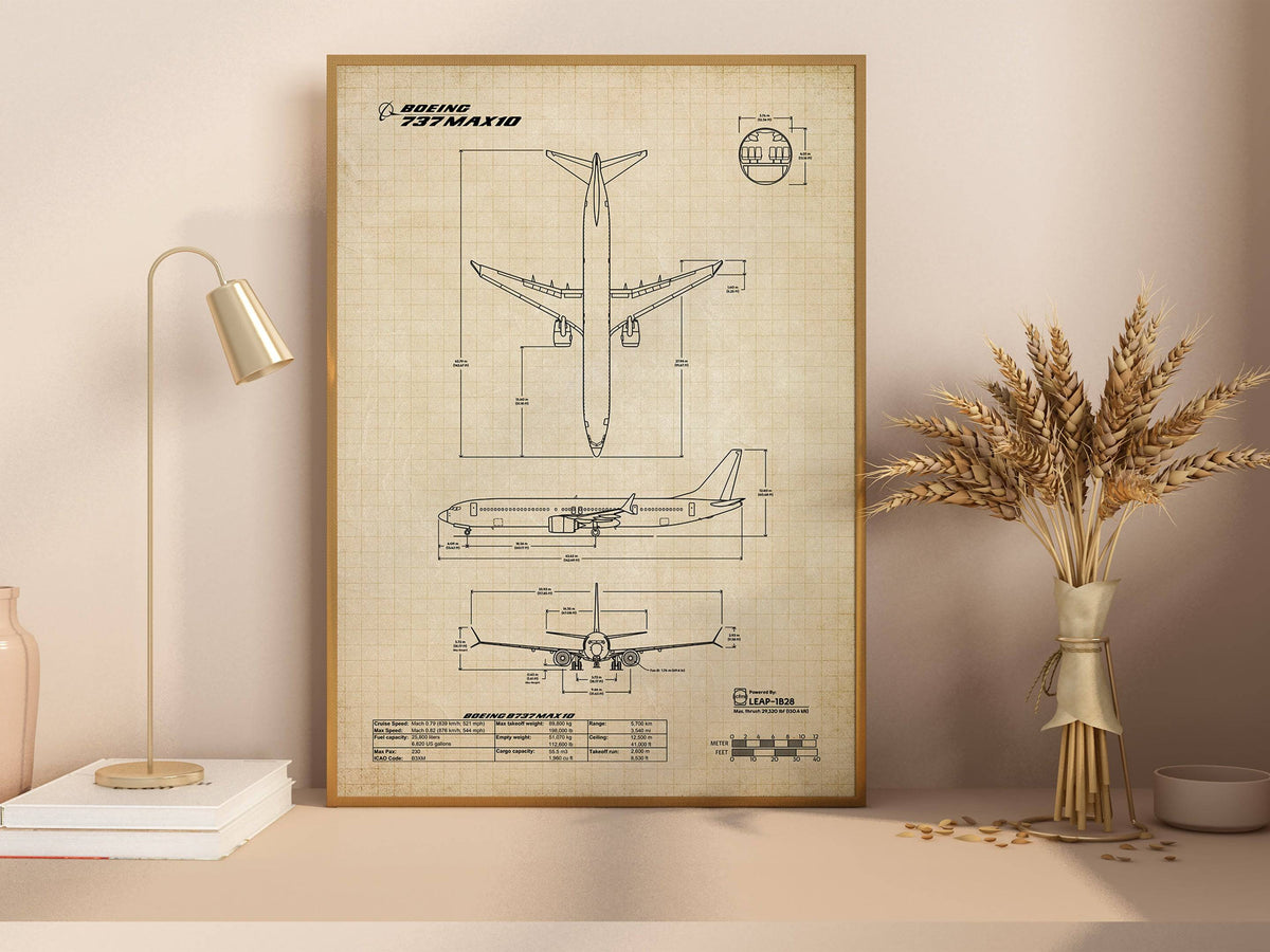 Boeing B737 MAX 10 Portrait Blueprint Poster by FlyKit showing detailed airplane technical drawings in a wooden frame