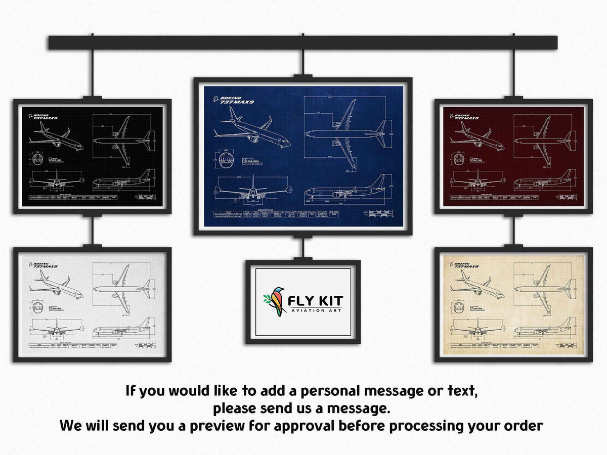 Boeing B737 MAX 9 Landscape Blueprint Poster collection by FlyKit showing detailed blueprint designs in various color backgrounds