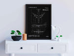 Boeing B747-8 Portrait Blueprint Poster by FlyKit showing detailed airplane schematics in black frame