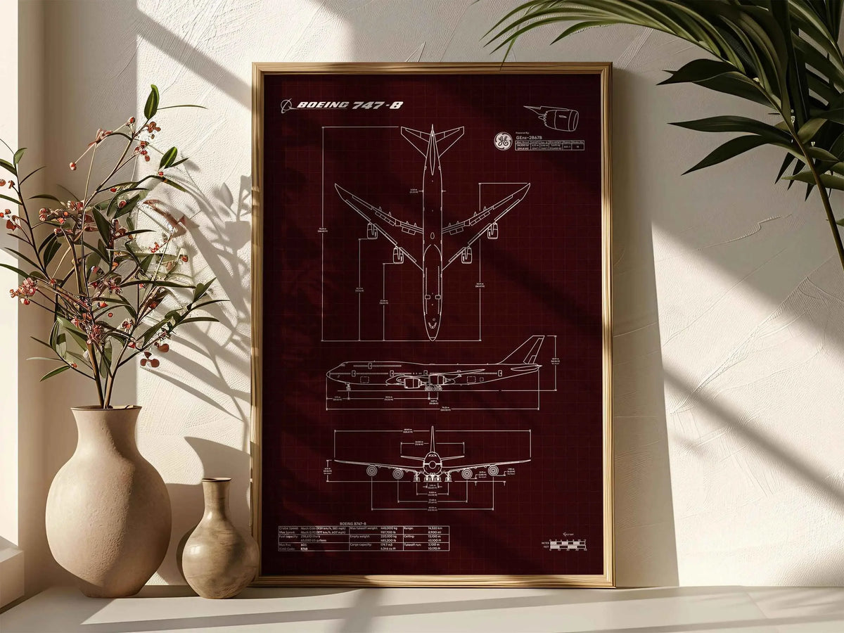 Boeing B747-8 Portrait Blueprint Poster by FlyKit displayed in a wooden frame on a sunlit shelf with decorative vases