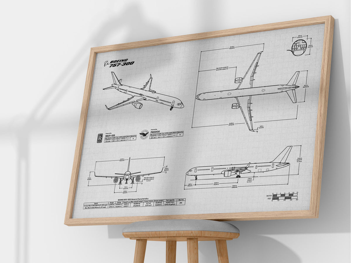 Boeing B757-300 Landscape Blueprint Poster by FlyKit showing detailed airplane technical drawings in a wooden frame