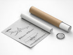 FlyKit Boeing B757-300 Landscape Blueprint Poster rolled and partially unrolled next to a protective brown tube