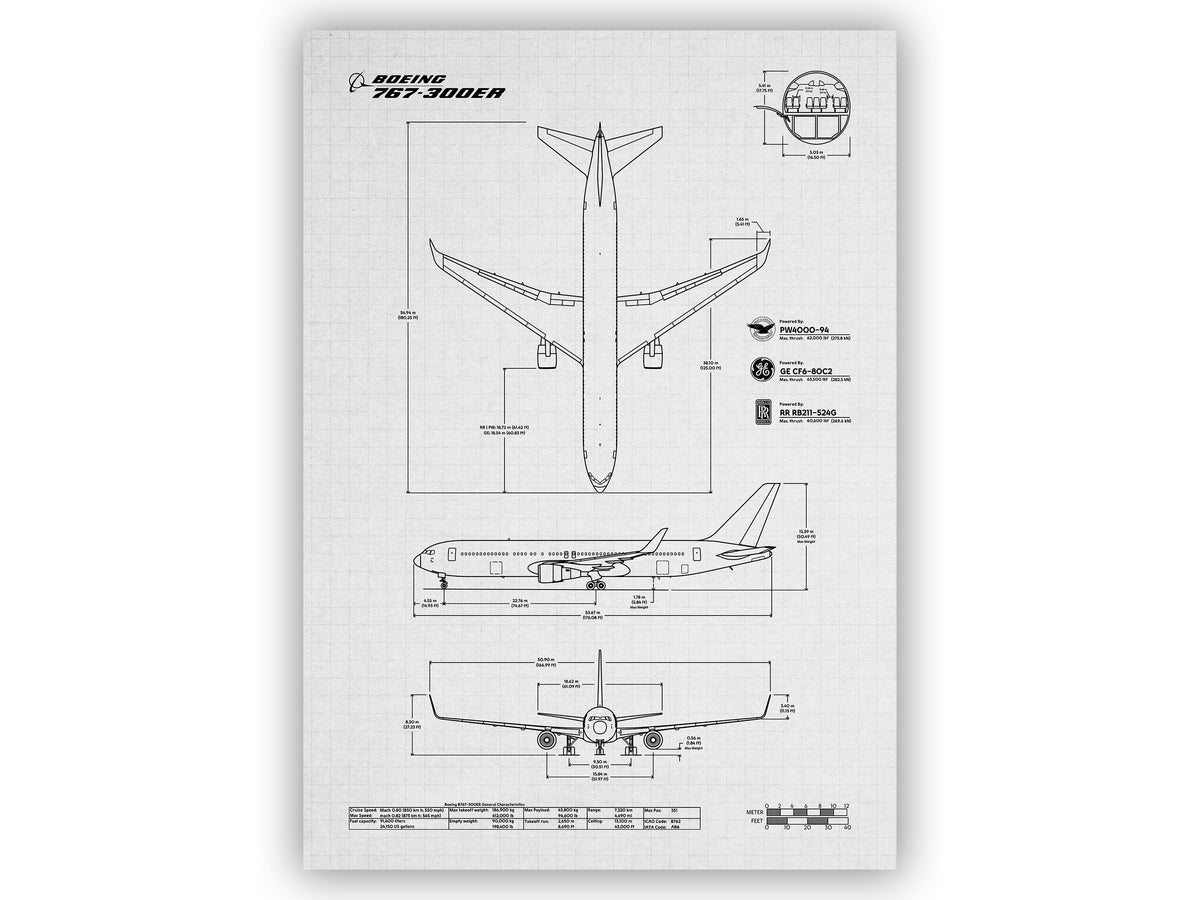 Boeing B767-300 Portrait Blueprint Poster detailed print material by FlyKit showing technical airplane design