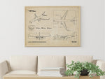 FlyKit Boeing B767-300F Landscape Blueprint Poster showing detailed aircraft design drawings on a wall above a beige sofa