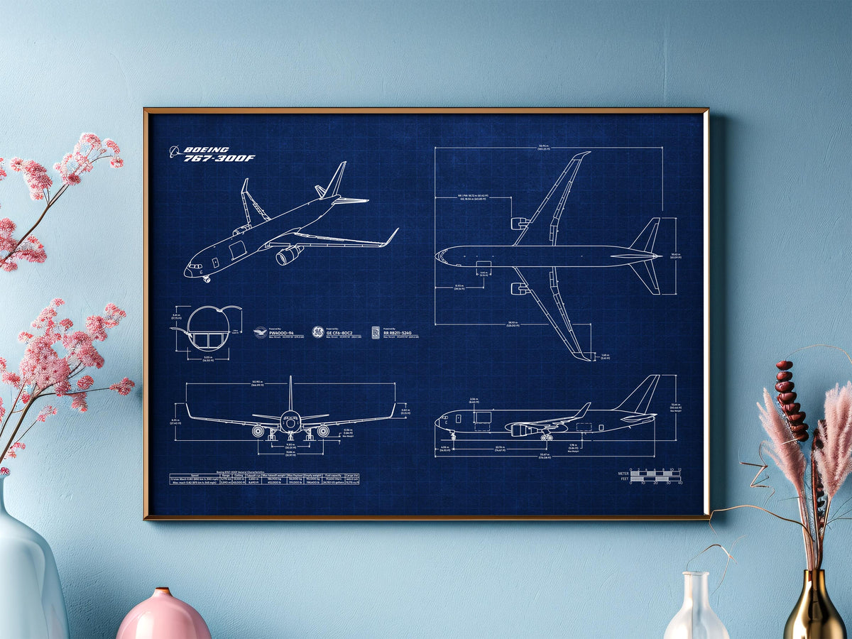 FlyKit Boeing B767-300F Landscape Blueprint Poster with detailed aircraft technical drawings in blue and white