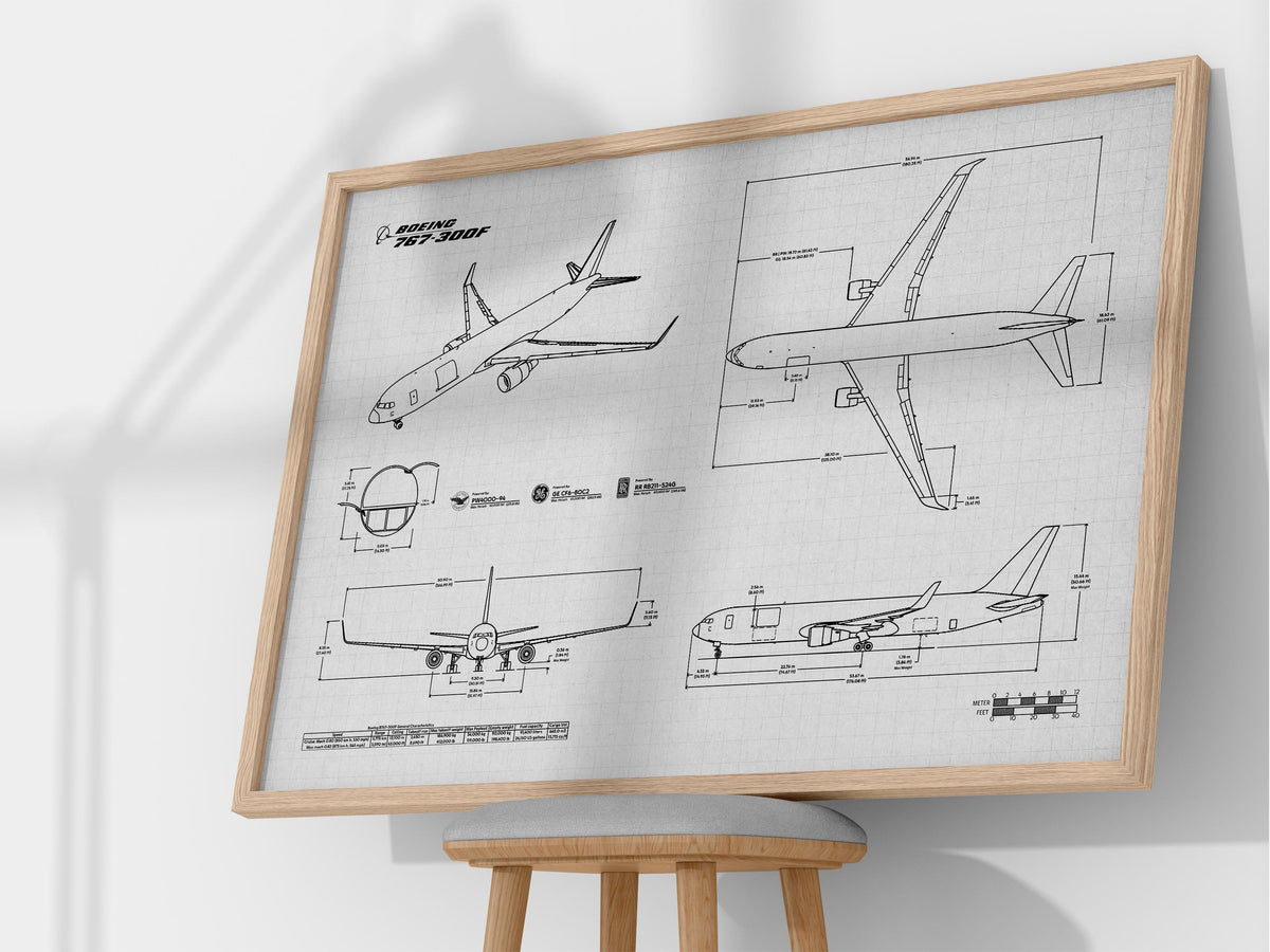 Boeing B767-300F Landscape Blueprint Poster print material by FlyKit showing detailed airplane technical drawings