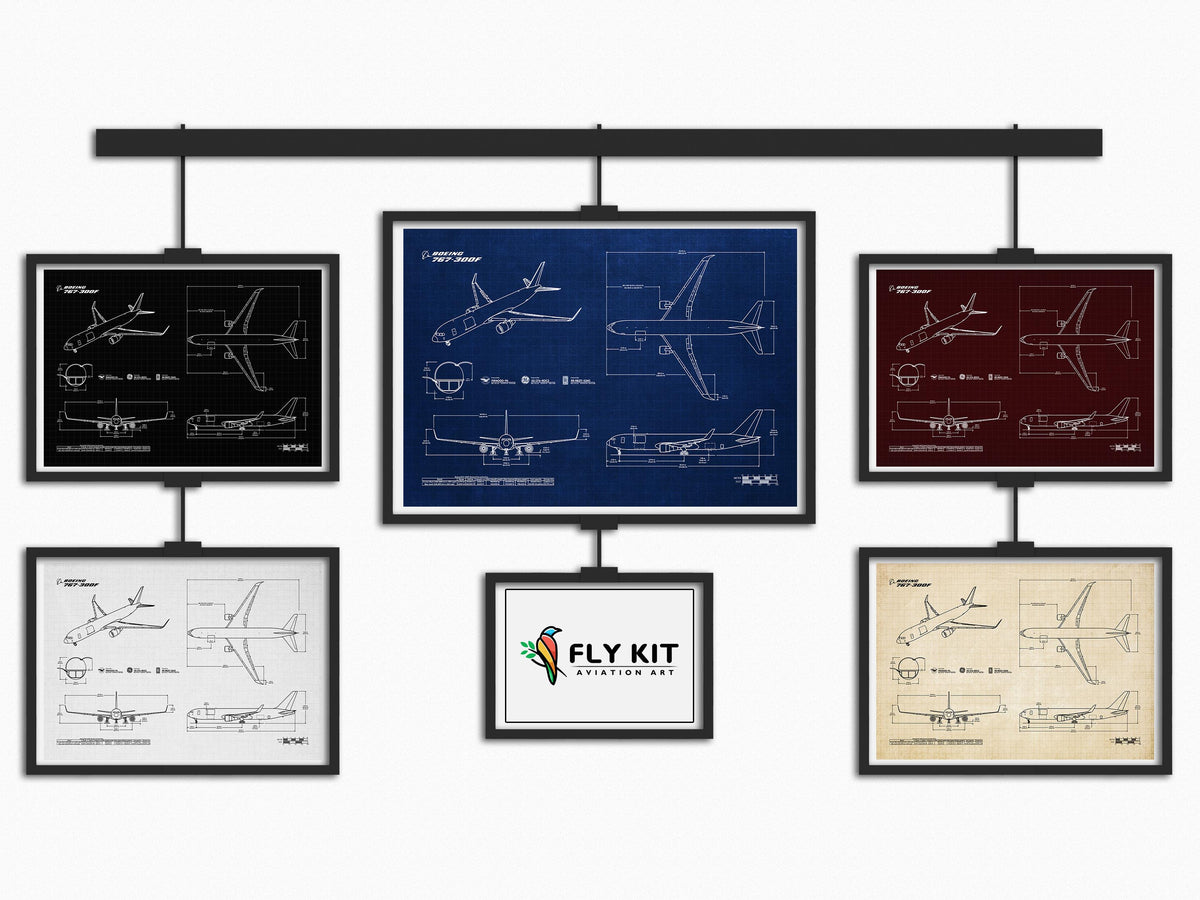 FlyKit Boeing B767-300F Landscape Blueprint Poster set in multiple colors showing detailed aircraft design