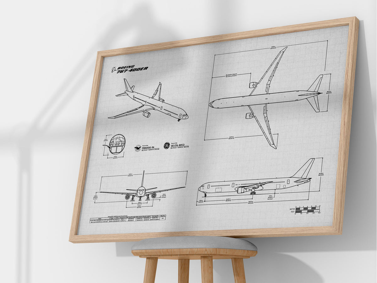 Boeing B767-400 Landscape Blueprint Poster by FlyKit showing detailed aircraft design in black and white