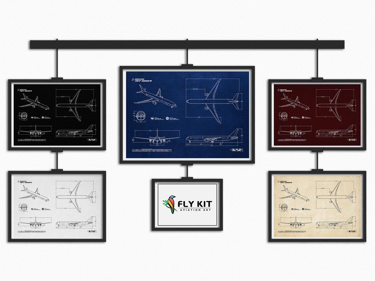 FlyKit Boeing B767-400 Landscape Blueprint Poster set with detailed airplane technical drawings in various colors