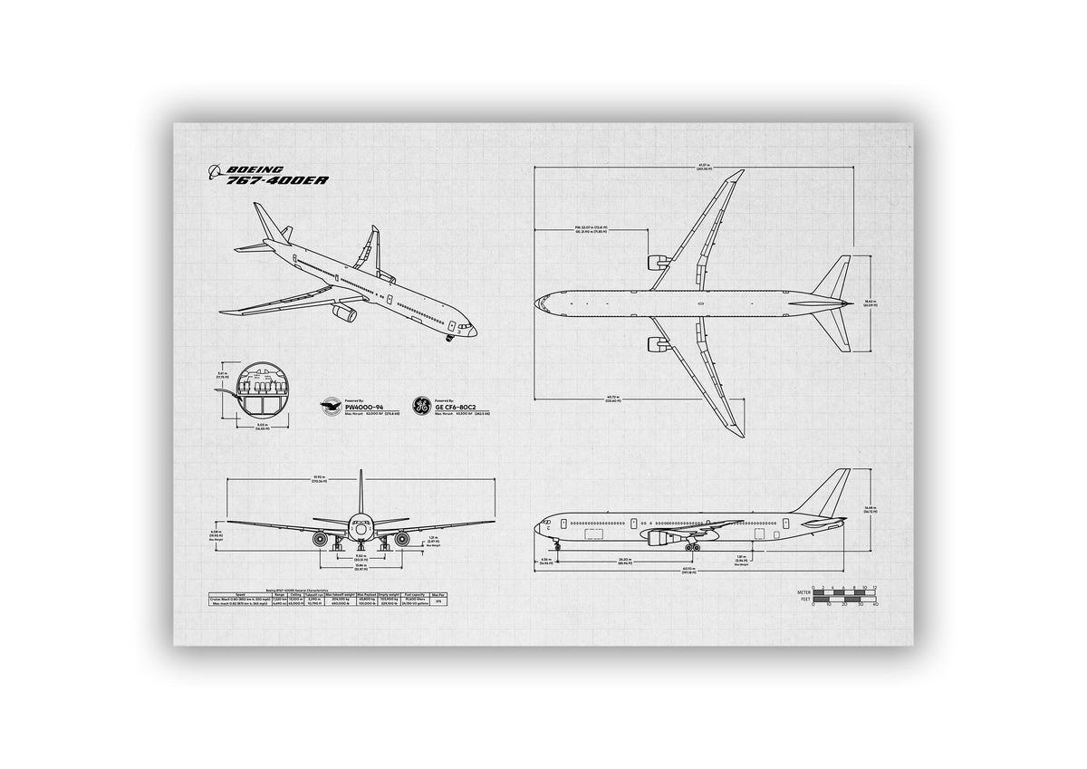 FlyKit Boeing B767-400 Landscape Blueprint Poster showing detailed aircraft technical drawings and dimensions