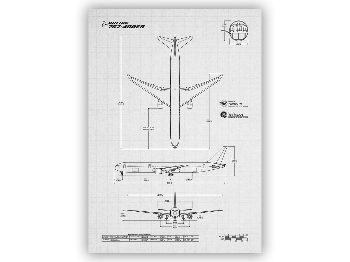 FlyKit Boeing B767-400 Portrait Blueprint Poster showing detailed aircraft design and measurements in black and white