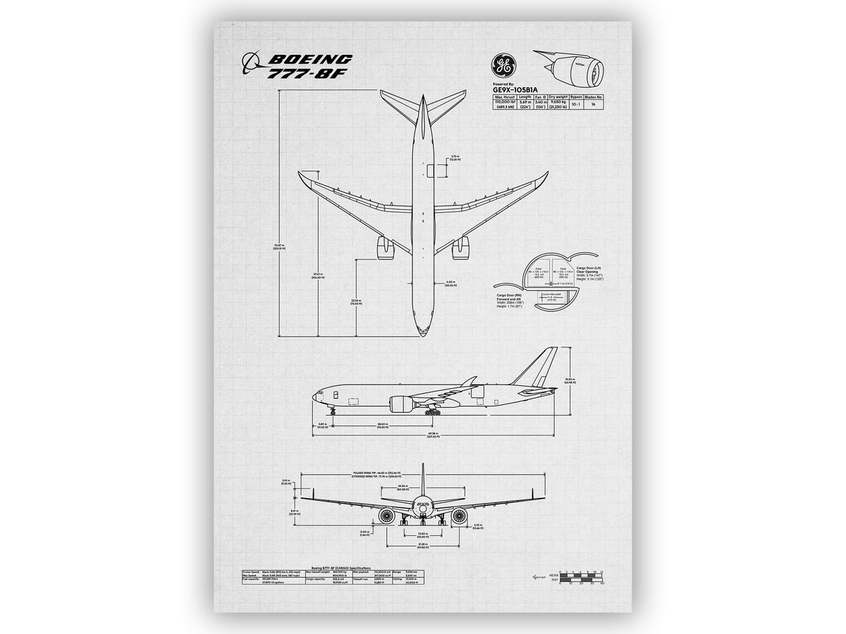 Boeing B777-8F Portrait Blueprint Poster with detailed aircraft schematics by FlyKit