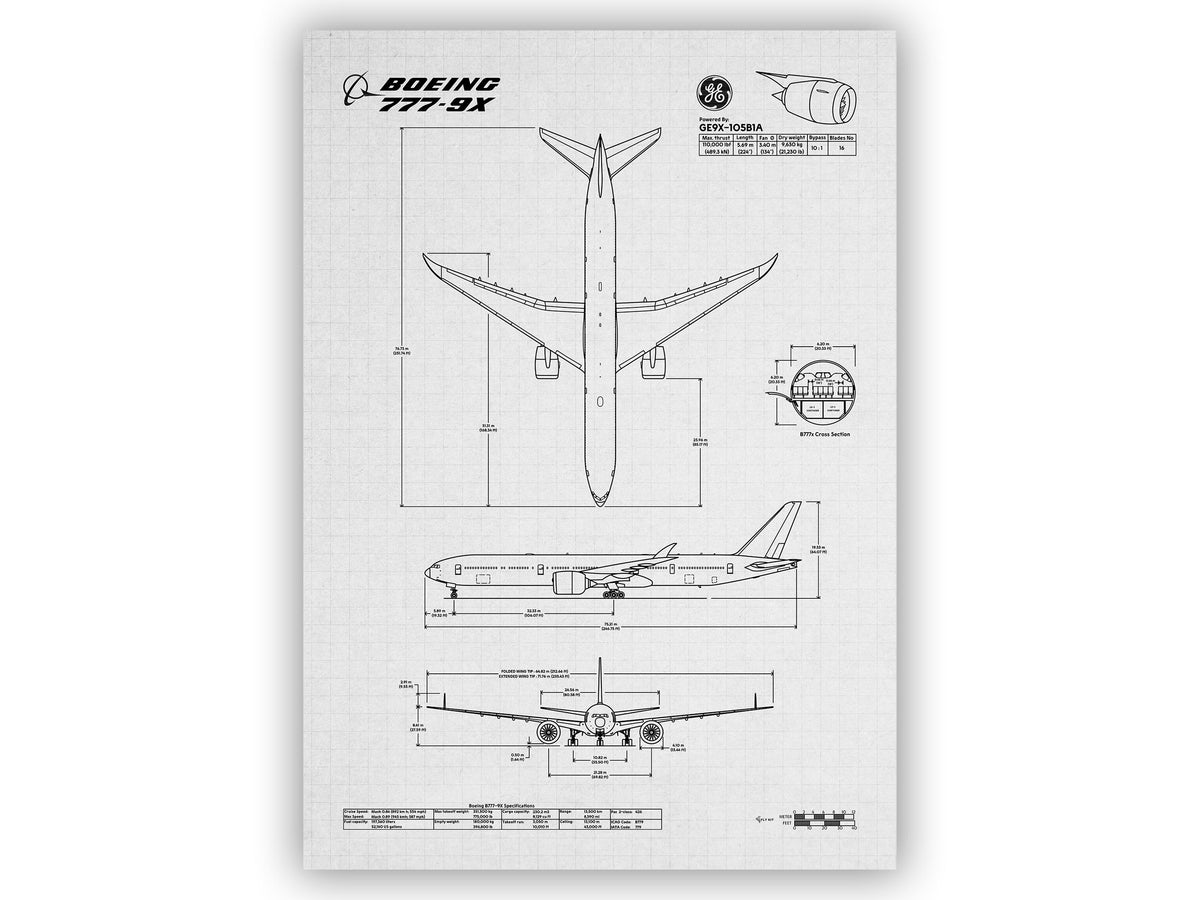 Boeing B777-9 Portrait Blueprint Poster by FlyKit showing technical aircraft design with top side, side, and front views