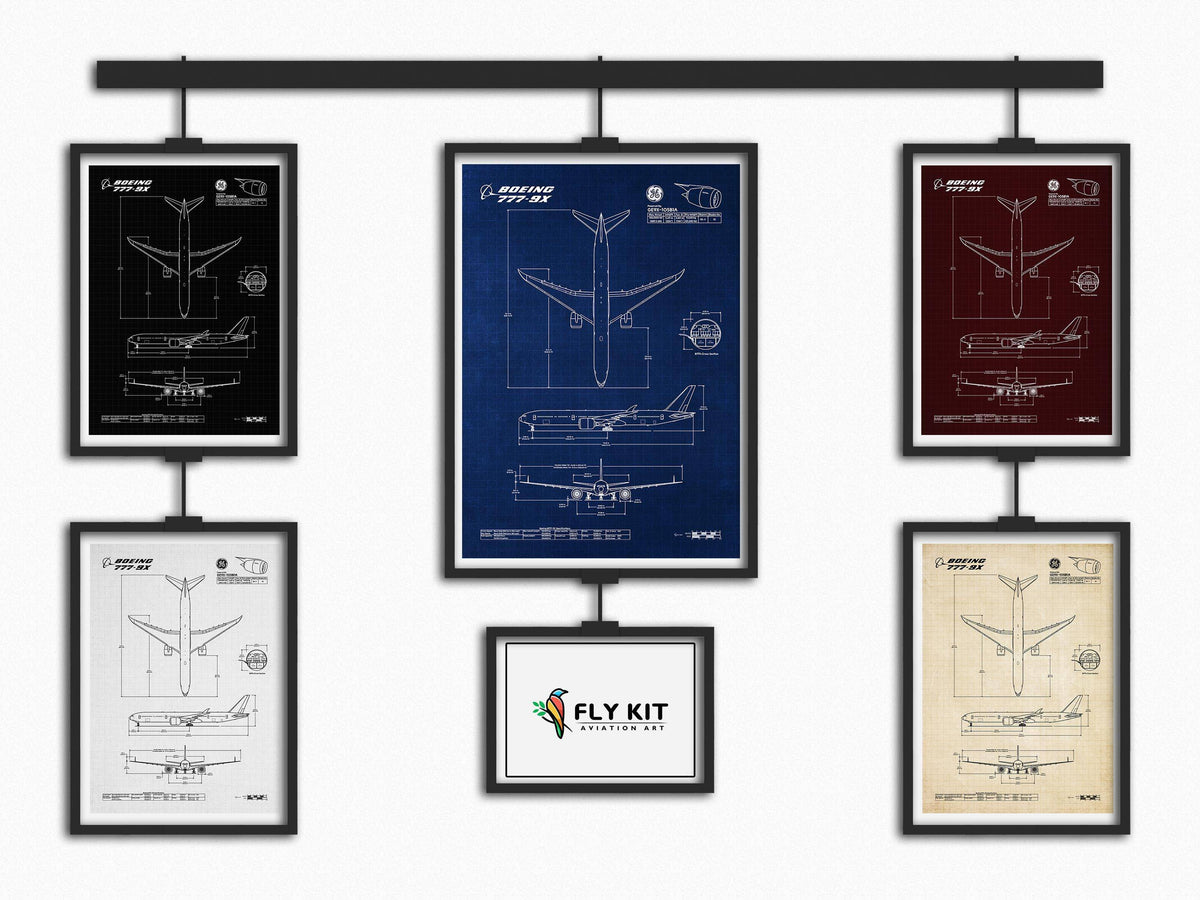 Boeing B777-9 Portrait Blueprint Poster set by FlyKit showing technical aircraft drawings in various colors