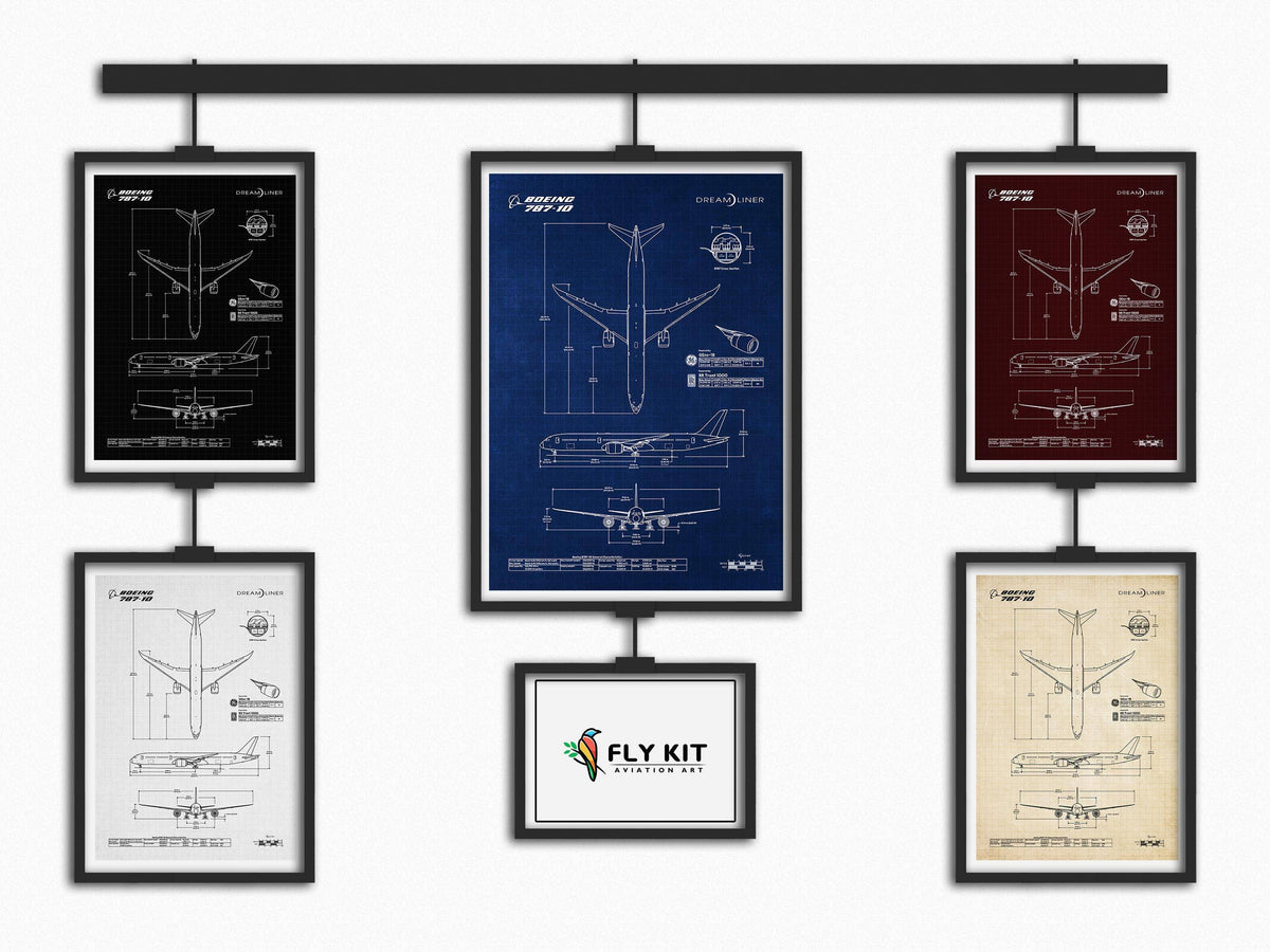 Boeing B787-10 Portrait Blueprint Poster collection by FlyKit with five different color schemes hung on display