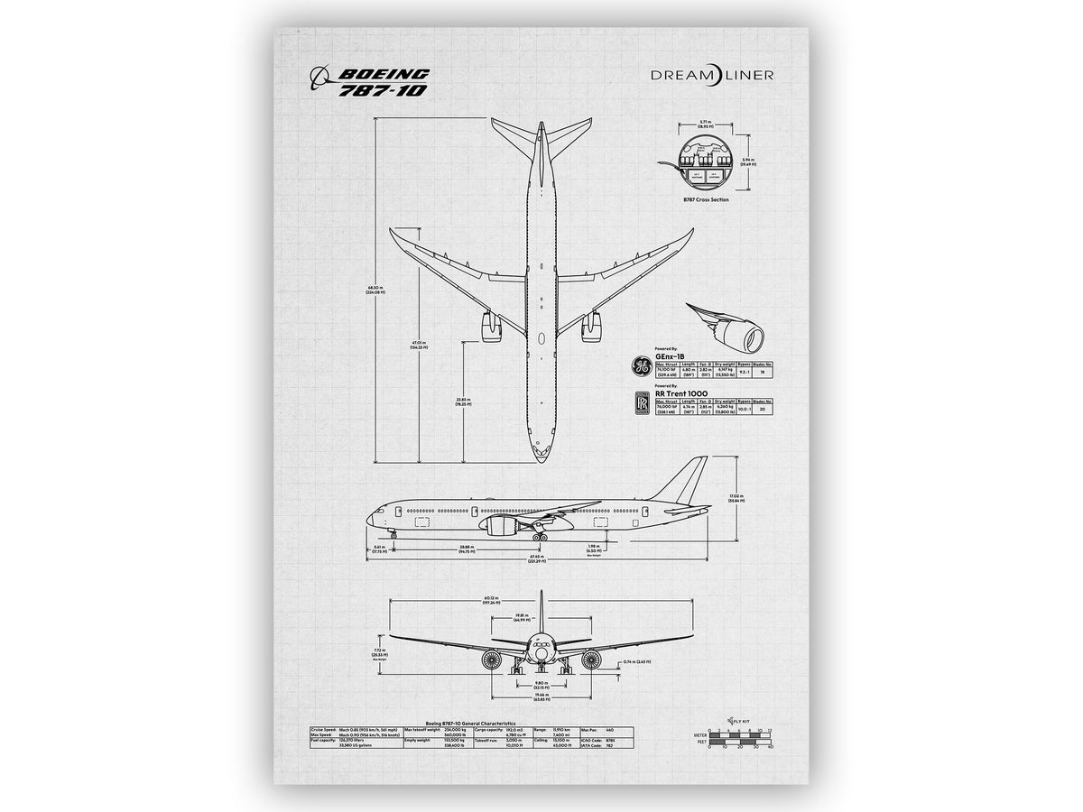 Boeing B787-10 Portrait Blueprint Poster showing detailed technical airplane design by FlyKit