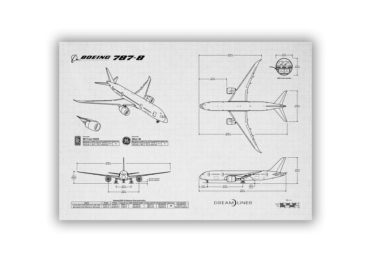 Boeing B787-8 Landscape Blueprint Poster featuring detailed aircraft technical drawings by FlyKit