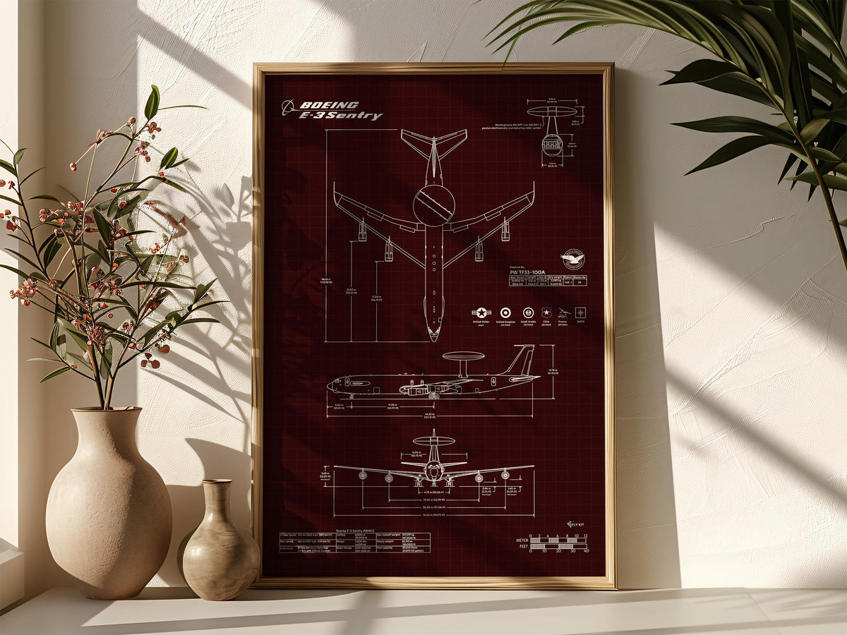 Boeing E-3 Sentry Portrait Blueprint Poster by FlyKit displayed in wooden frame with decorative plants