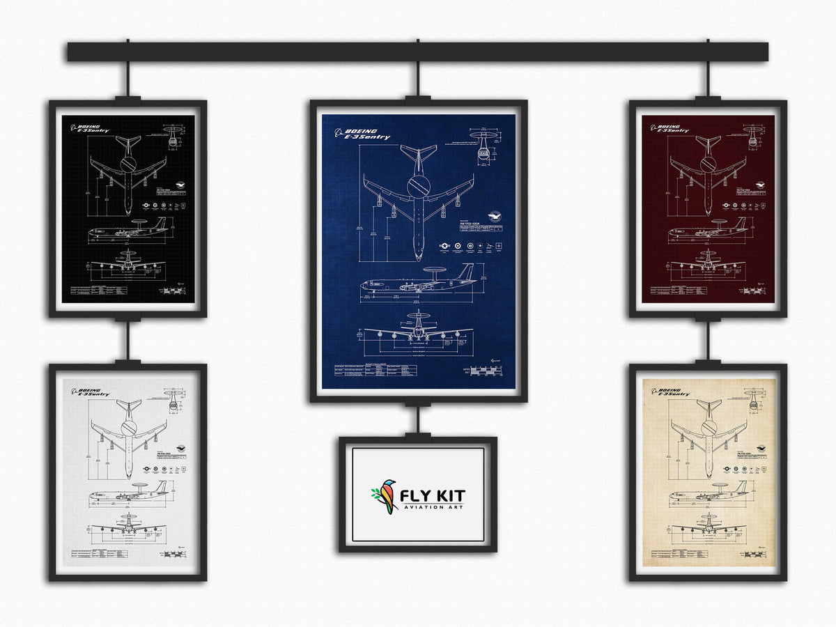 FlyKit Boeing E-3 Sentry Portrait Blueprint Poster collection in black, blue, red, white, and beige print materials