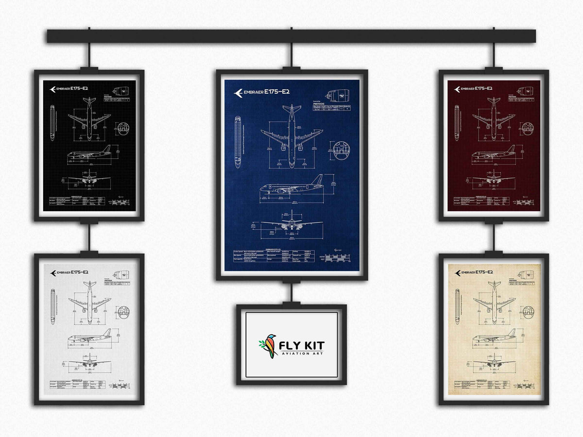 Embraer E175-E2 Portrait Blueprint Poster collection by FlyKit showing technical aircraft drawings in multiple colors