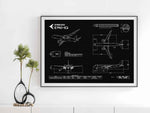 FlyKit Embraer E190-E2 Landscape Blueprint Poster with detailed aircraft design in black and white
