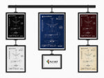 FlyKit Embraer E195-E2 Portrait Blueprint Poster in multiple color variations hanging on a display rack