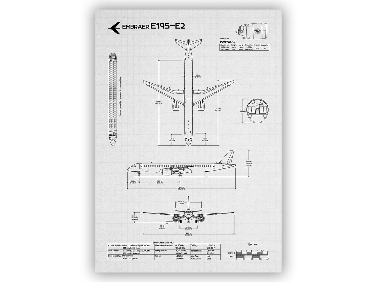 Embraer E195-E2 Portrait Blueprint Poster showing detailed aircraft technical drawings and measurements