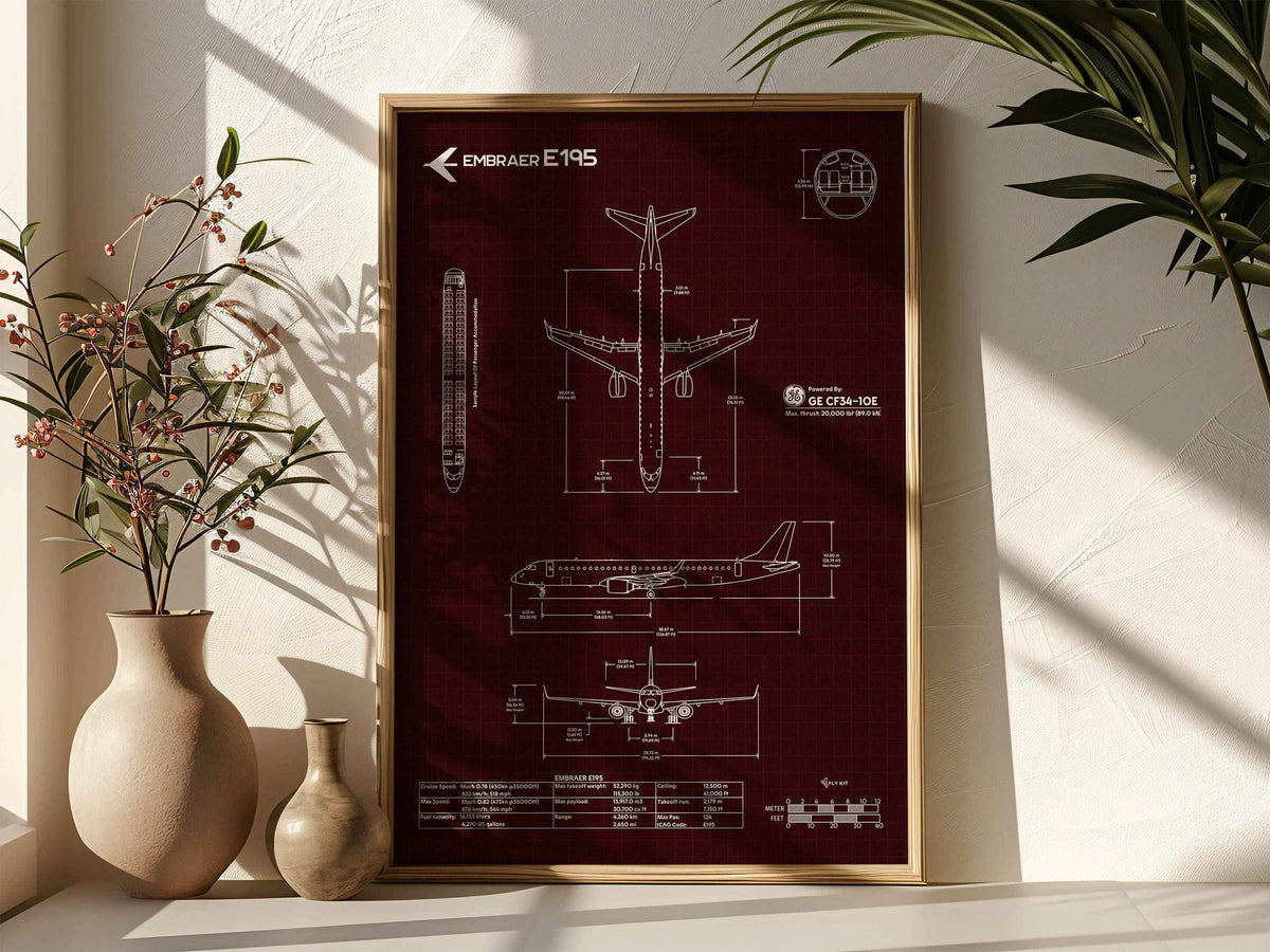FlyKit Embraer E195 Portrait Blueprint Poster with detailed aircraft technical drawings in a wooden frame