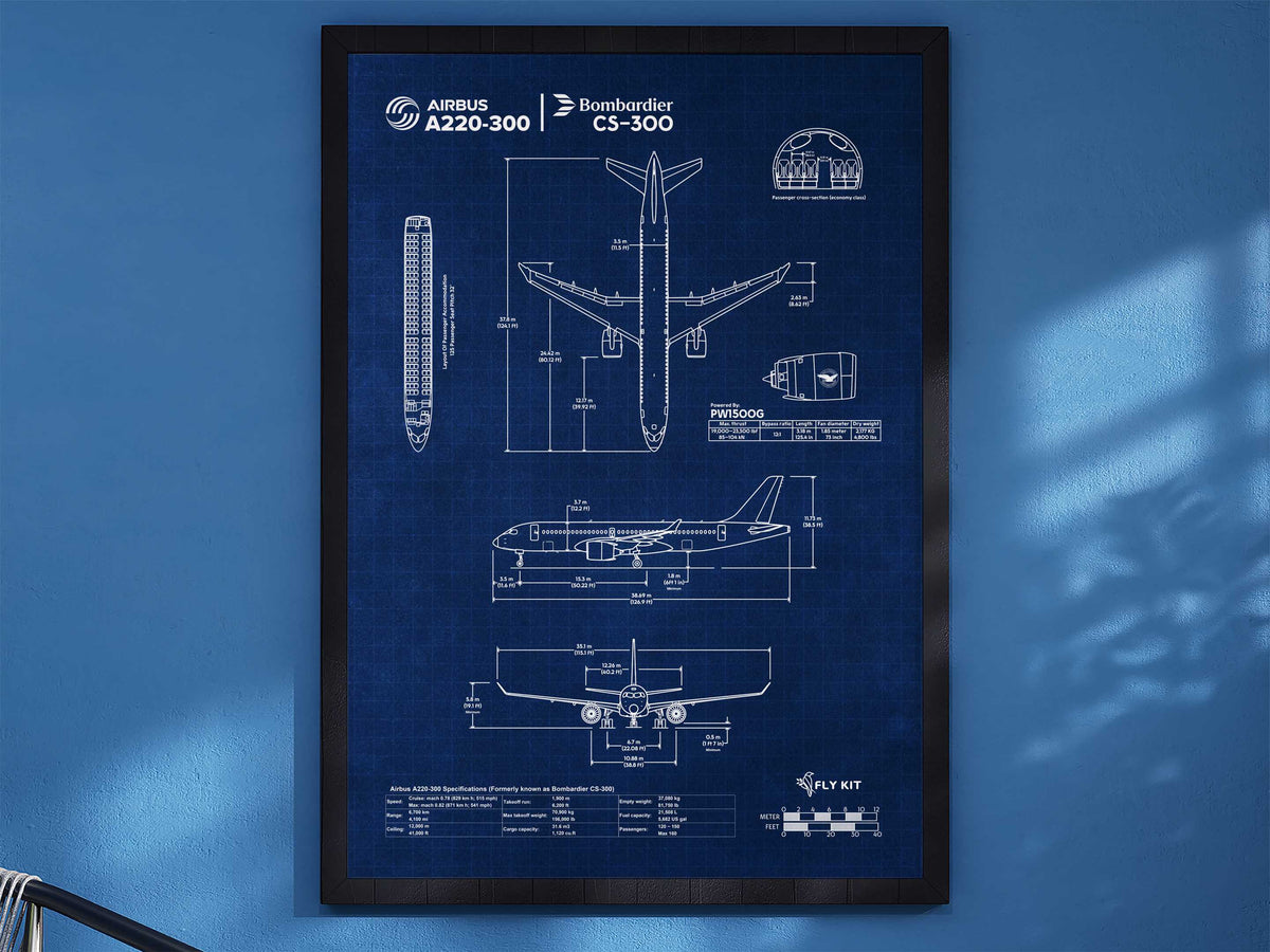 Airbus A220-300 Portrait Blueprint Poster by FlyKit showing detailed technical drawings in blue and white