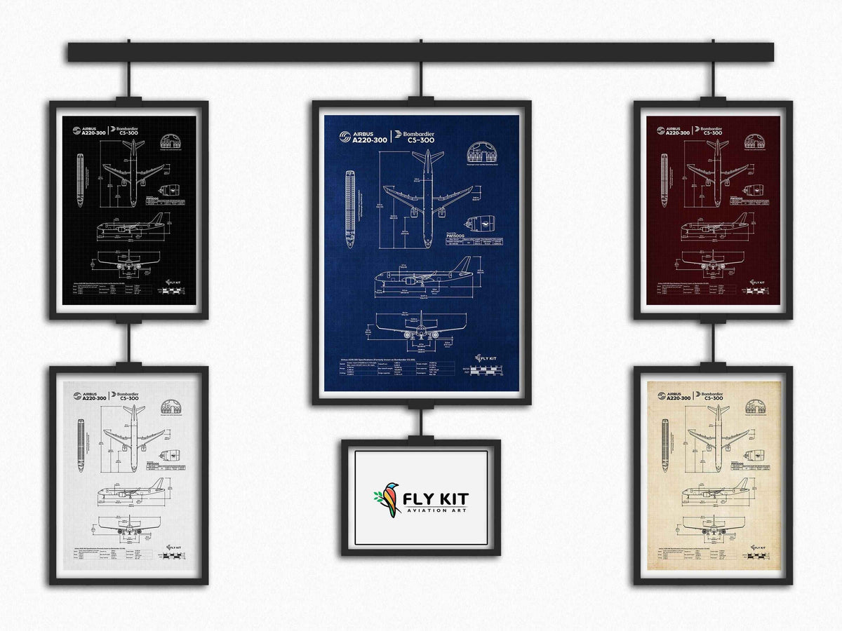 Airbus A220-300 Portrait Blueprint Poster by FlyKit in multiple colors showing detailed aircraft design