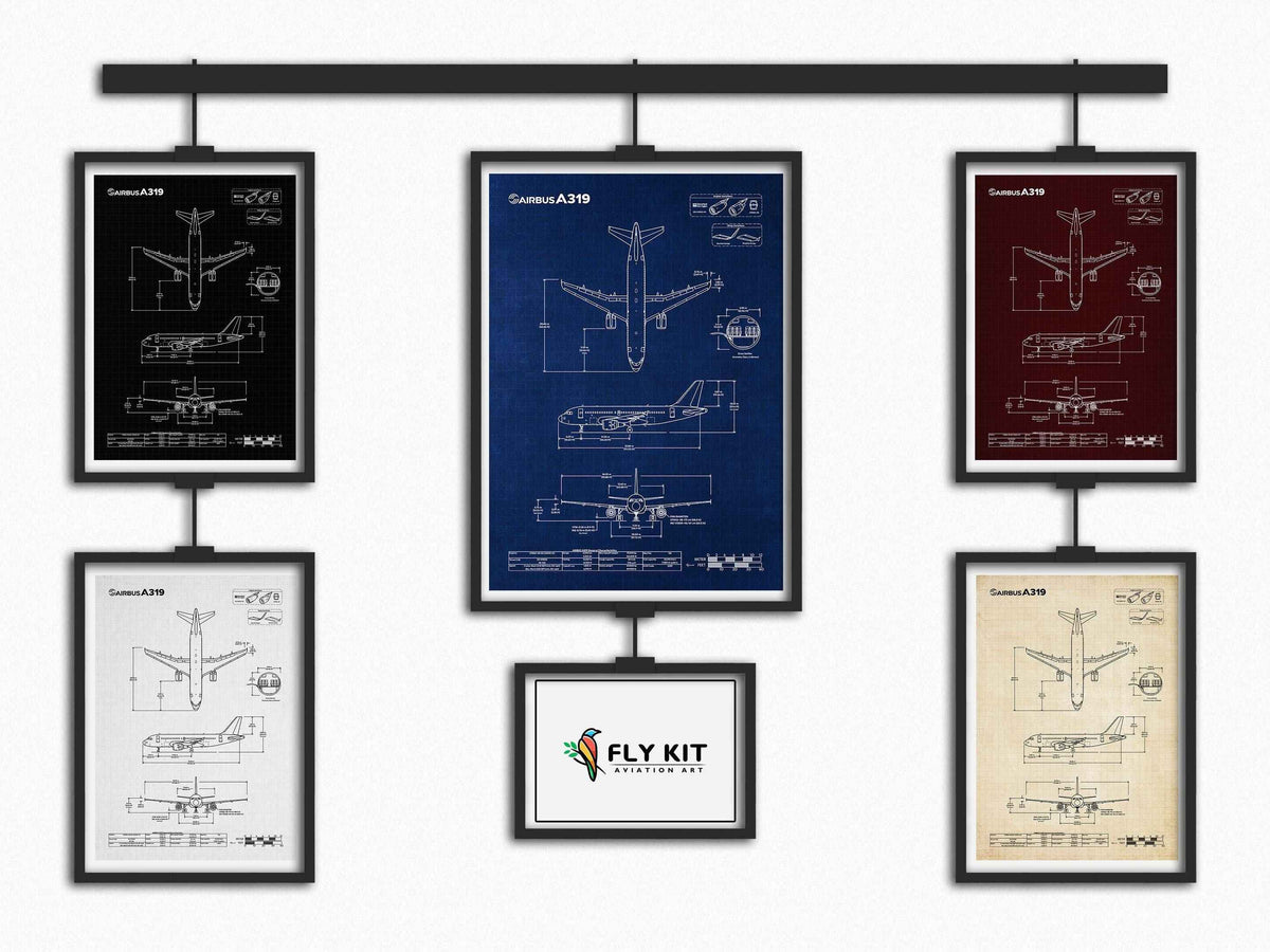 Airbus A319 Portrait Blueprint Poster by FlyKit showing technical aircraft drawings in multiple color options