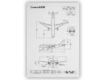 FlyKit Airbus A319 Portrait Blueprint Poster showing detailed technical aircraft drawings and measurements