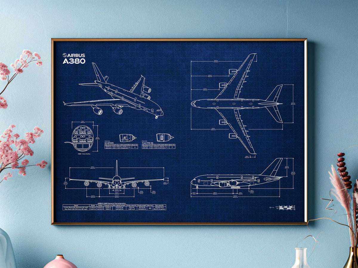 Airbus A380-800 Landscape Blueprint Poster by FlyKit showing detailed aircraft technical drawings in blue and white