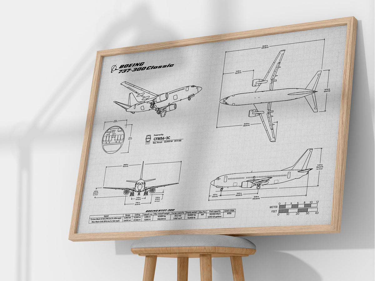 FlyKit Boeing B737-300 Landscape Blueprint Poster showing detailed aircraft technical drawings and measurements