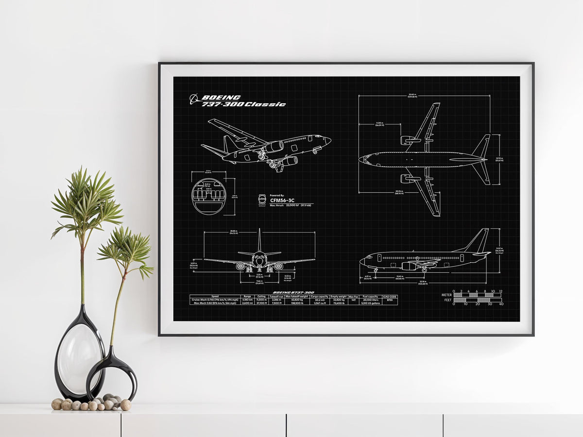 Boeing B737-300 Landscape Blueprint Poster by FlyKit displayed on white wall above cabinet with decorative plant