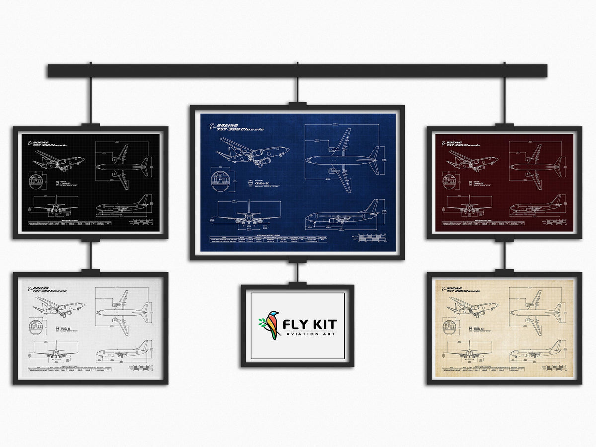 Boeing B737-300 Landscape Blueprint Poster collection by FlyKit showcasing detailed aircraft technical drawings