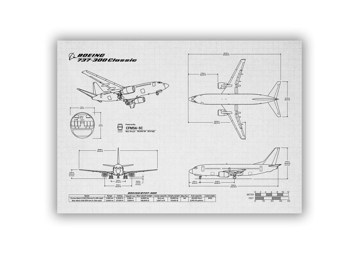 FlyKit Boeing B737-300 Landscape Blueprint Poster showing detailed technical aircraft drawings
