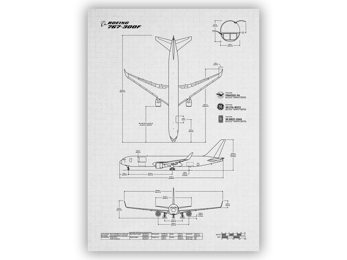 Boeing B767-300F Portrait Blueprint Poster by FlyKit showing detailed aircraft schematic drawings
