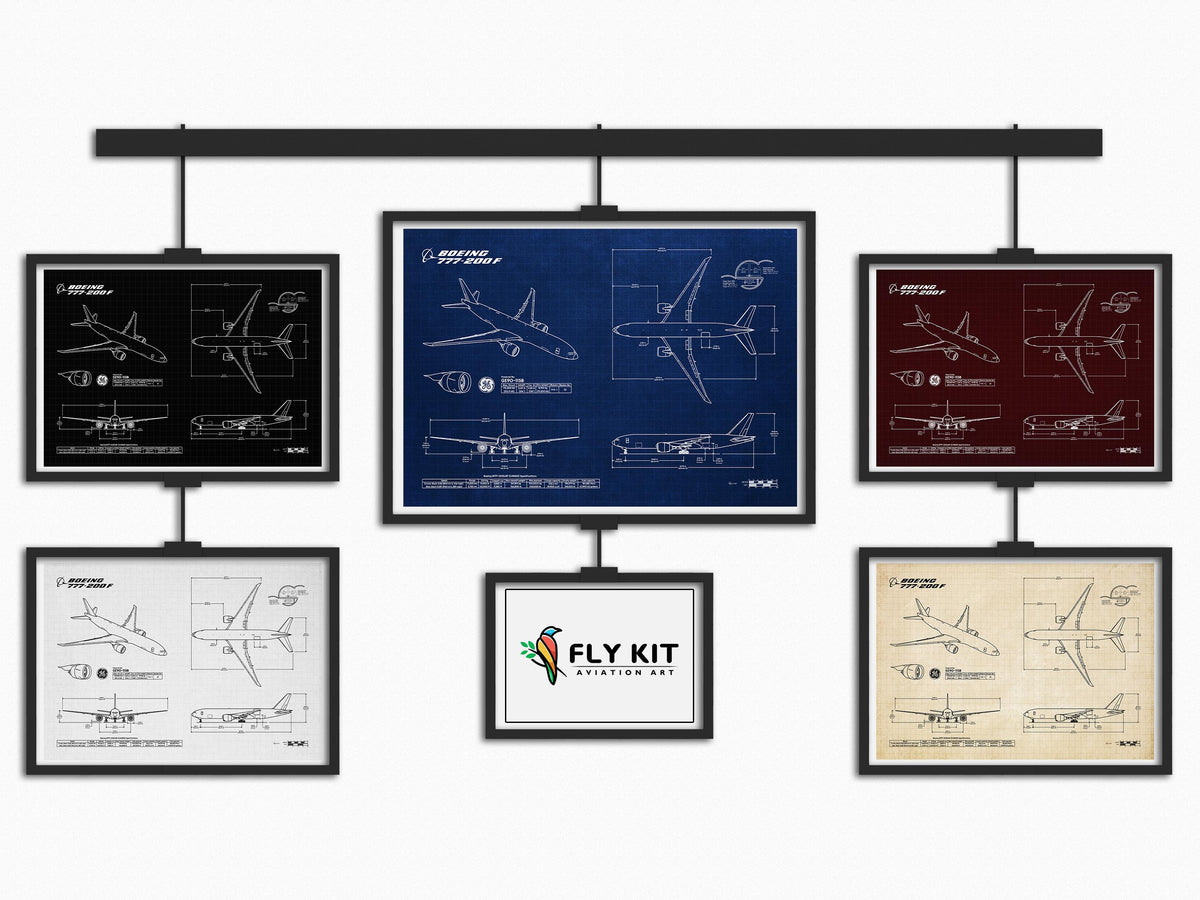 Five FlyKit Boeing B777-200F Landscape Blueprint Poster designs in black, blue, red, white, and beige print materials