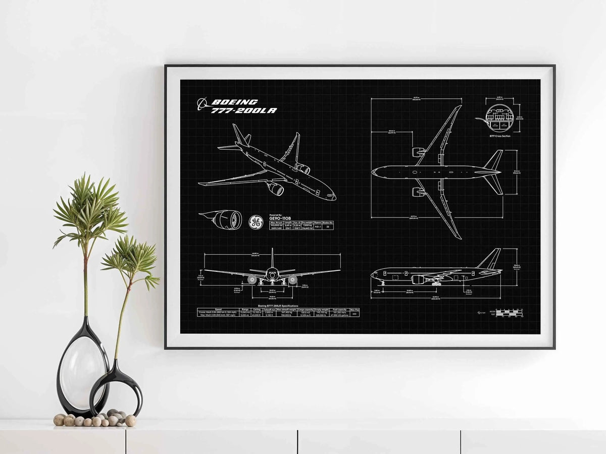 Boeing B777-200LR Landscape Blueprint Poster by FlyKit showing detailed aircraft schematics on black background