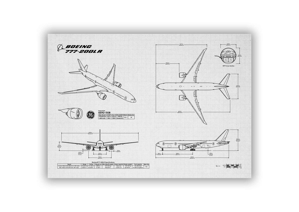 Boeing B777-200LR Landscape Blueprint Poster showing detailed aircraft technical drawings