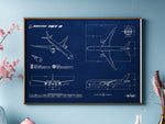 Boeing B787-9 Landscape Blueprint Poster by FlyKit showing detailed airplane blueprints in a wooden frame on a blue wall
