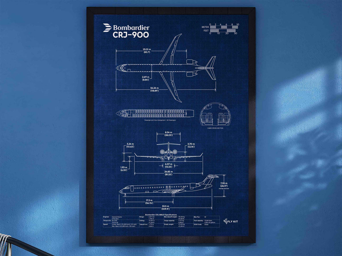 Bombardier CRJ-900 Portrait Blueprint Poster by FlyKit in black frame on blue wall